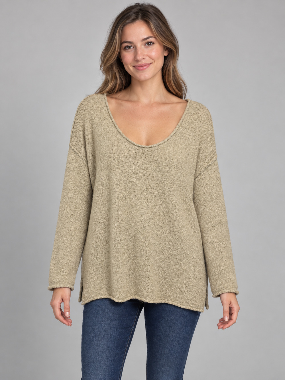 Aerie Womens M Beige Scoop Neck Sweater Cotton Blend Slouchy Tunic Comfy Cozy